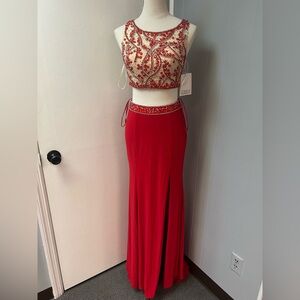Val Stefani Red and Gold Beaded Prom Dress